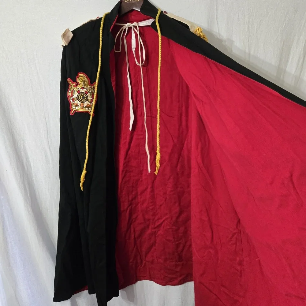 Vtg DeMolay Knights Templar Freemason Black Red‎ Handmade Cape Robe, Gold Rope